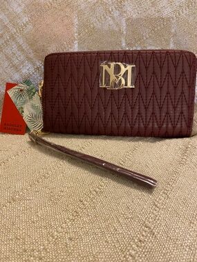 Badgley Mischka Quilted Wristlet in Burgundy with Gold Logo